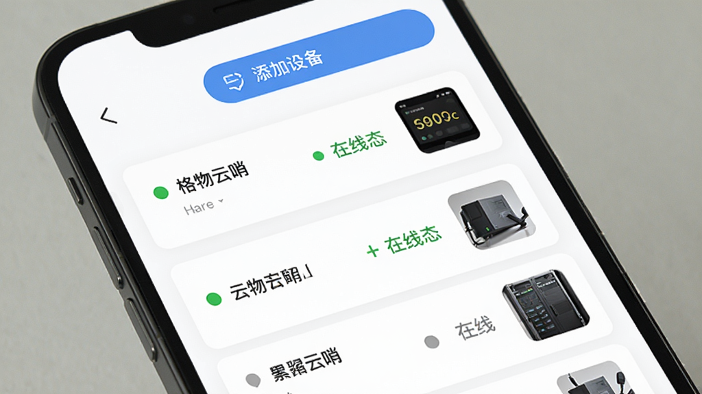 �������ڶ��豸�������棬�ֻ���Ļչʾ�豸�б���ÿ����ʾ�豸���ơ�����״̬������ͼ�������������豸��ť������Ϊ��ɫ��Ƭʽ���֣�������¼�Լ��ϸ�ڰ�����ɫ����Բ��ͻ�ɫ���߱�ʶ�����������ɾ�