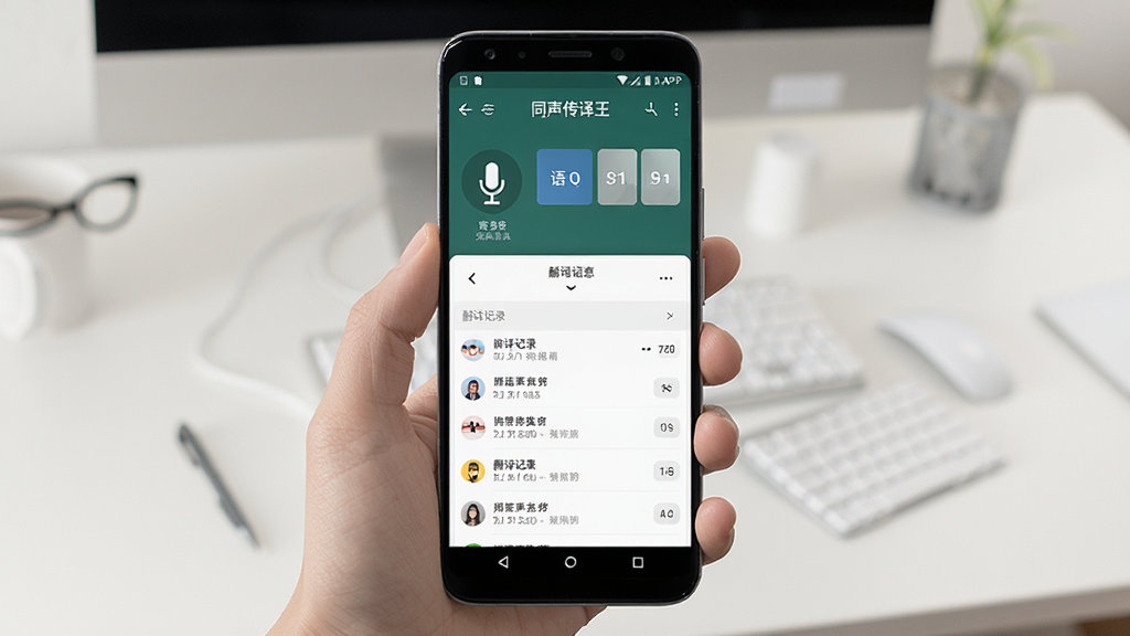一张展示同声传译王手机端操作界面的图片,主体是手持安卓手机显示同声传译王APP主界面,布局为手机居中、背景为简约桌面,排版清晰,风格为写实产品展示风格,细节包括麦克风按钮、语言选择栏、翻译记录列表,画质高清,干净,无多余元素