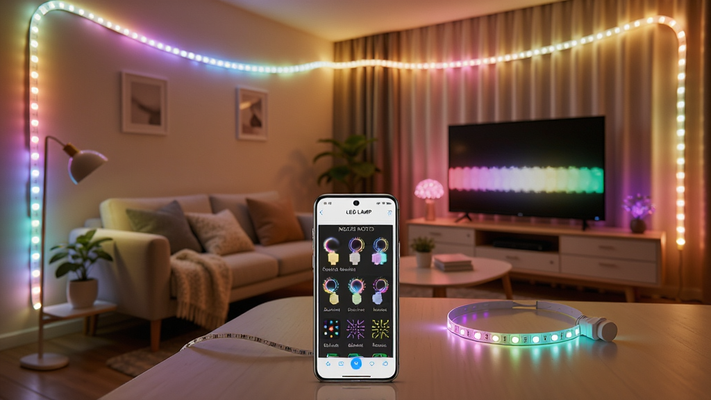 һ��չʾLED LAMP��̬�ƹ�ģʽ�ĳ���ͼ��������һ�������ڲ����˶���LED�ƴ����ƴ����ֳ����������䡢��˸�Ȳ�ͬ��̬Ч�����ֻ�������������ʾLED LAMP��ģʽѡ����棬�������ж����̬ģʽͼ�꣬����Ϊ��ܰ�ļҾӻ����������Եƴ����Ʒ���Ϊ������������ϸ��ͻ���ƹ�ı仯���ֻ������ģʽͼ�꣬�����������ɾ����޶���Ԫ��