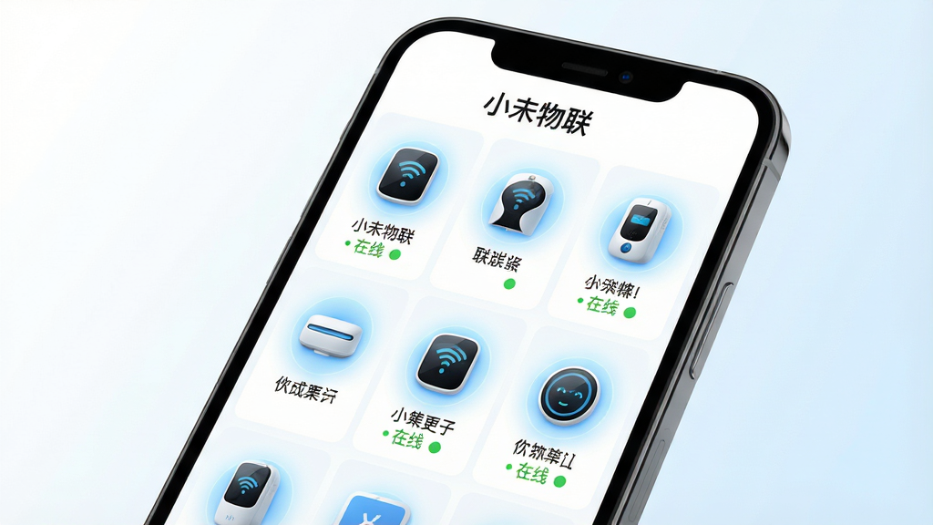 一张展示小未物联设备统一管理功能的界面图,主体为手机屏幕,屏幕内以网格形式排列多个智能设备图标,每个图标下方标注设备名称与在线状态,顶部显示“小未物联”标题;布局为居中展示,手机略微倾斜增加立体感;排版整齐,图标间距均匀;风格为清新科技风;细节上设备图标带有淡蓝色光效,背景为纯白到淡蓝的渐变;画质高清,画面干净,无多余元素。