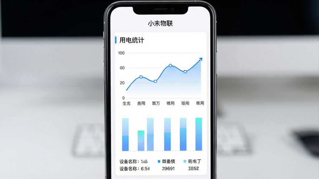 一张展示小未物联数据统计与能耗分析功能的界面图,主体为手机屏幕,屏幕内显示折线图与柱状图,图表上方有“用电统计”标题,下方有设备名称与数值标签,顶部显示“小未物联”字样;布局为居中展示,手机屏幕占据主要画面;排版图表与文字对齐规整;风格为现代数据可视化风;细节上折线为蓝色,柱状为浅蓝渐变,背景为白色;画质高清,画面干净,无多余元素。