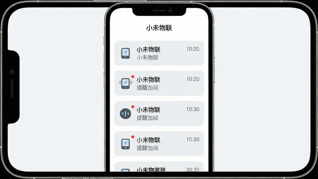 一张展示小未物联实时消息推送功能的界面图,主体为手机屏幕,屏幕内显示消息通知列表,每条通知包含设备图标、提醒内容与时间戳,顶部显示“小未物联”标题;布局为居中展示,手机屏幕略微放大;排版为纵向列表,信息排列整齐;风格为清爽浅色风;细节上通知卡片带有圆角与浅灰底色,重要消息以红色小圆点标记;画质高清,画面干净,无多余元素。