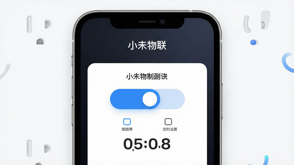 一张展示小未物联远程控制与定时任务功能的界面图,主体为手机屏幕,屏幕内显示一个智能插座的远程控制面板,包含开关按钮、定时设置入口与倒计时显示,顶部有“小未物联”字样;布局为居中特写,手机屏幕占据画面主要位置;排版清晰,按钮与文字层次分明;风格为现代简约科技风;细节上开关按钮带有蓝色高亮,背景为深色渐变以突出屏幕内容;画质高清,画面干净,无多余元素。
