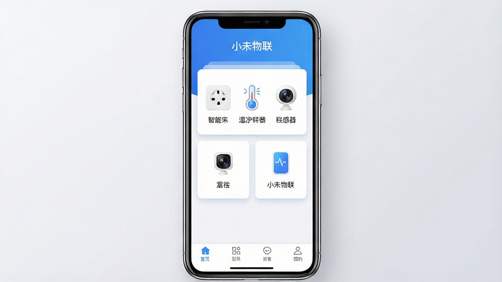 一张展示小未物联App核心界面的手机应用预览图,主体为居中放置的智能手机,屏幕内呈现小未物联的设备管理主页面,页面顶部显示“小未物联”文字,中部排列智能插座、温湿度传感器、摄像头等设备卡片图标,底部为功能导航栏;布局采用上下构图,手机放在画面正中央,背景为浅灰渐变;排版简洁清晰,图标与文字对齐规整;风格为现代科技简约风;细节上手机边框有轻微反光,屏幕内卡片带有柔和阴影,整体色调以蓝白为主;画质为高清,画面干净,无多余元素。