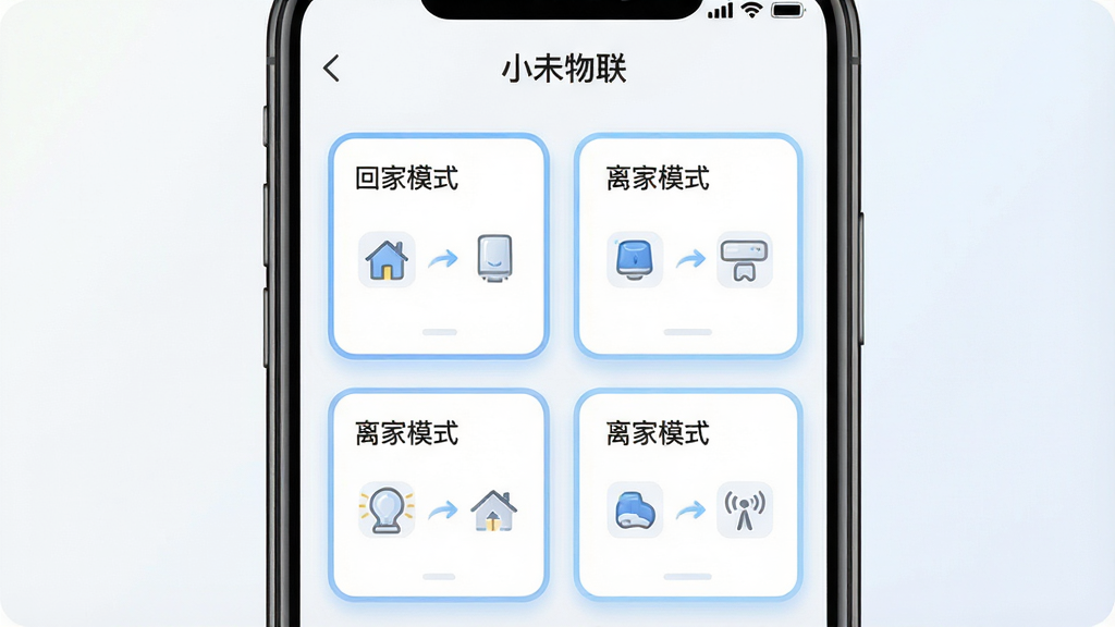 一张展示小未物联场景联动与自动化功能的界面图,主体为手机屏幕,屏幕内显示场景编辑页面,包含“回家模式”“离家模式”等场景卡片,卡片上有设备图标与联动箭头示意,顶部显示“小未物联”字样;布局为居中展示,手机屏幕占据画面中心;排版为卡片式排列,层次清晰;风格为柔和圆角科技风;细节上卡片带有淡蓝色边框与柔和阴影,背景为浅色渐变;画质高清,画面干净,无多余元素。