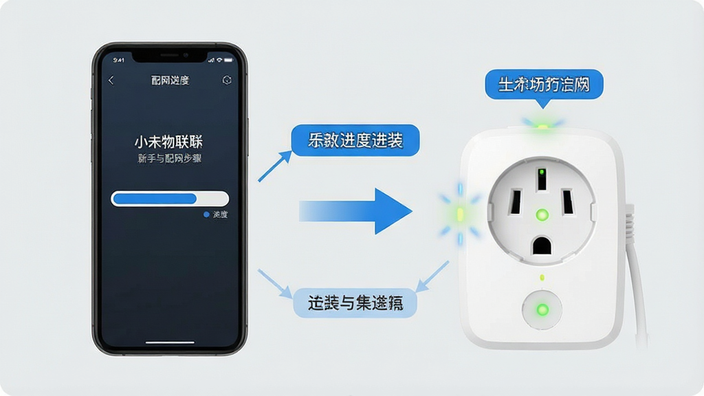 一张展示小未物联新手安装与配网步骤的示意图,主体为手机屏幕与智能设备并排摆放,手机屏幕显示配网进度条,设备指示灯闪烁,画面中有箭头指示操作顺序;布局为左右构图,手机在左、设备在右;排版简洁,步骤文字以标签形式标注;风格为扁平化教程风;细节上配网进度条为蓝色,设备为白色智能插座,背景为浅灰;画质高清,画面干净,无多余元素。