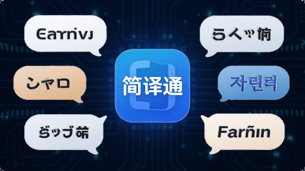 画面以“简译通”应用图标为中心,四周环绕不同国家的语言气泡,气泡内分别书写英文、日文、韩文、法文单词,背景为深蓝色科技纹理,主体突出,布局对称,风格现代简约,细节精致,画质干净清晰,无多余元素