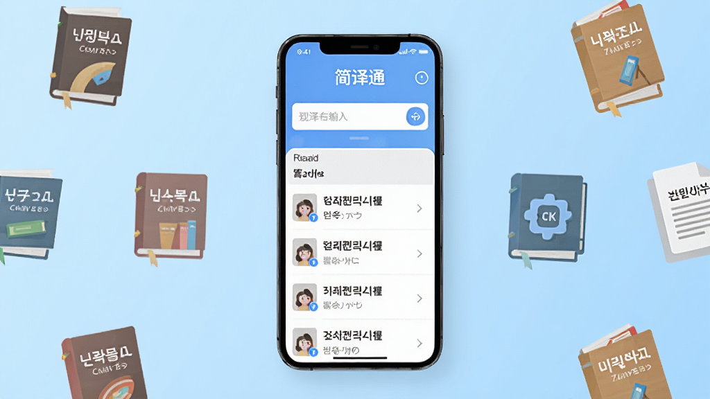 画面中央展示一部智能手机,手机屏幕上显示“简译通”应用主界面,界面包含翻译输入框与阅读列表,背景为浅蓝色渐变,周围散落英文、日文、韩文书籍与文档图标,整体采用扁平化科技风格,排版简洁,细节清晰,画质干净,无多余元素,无杂乱装饰,高清2K