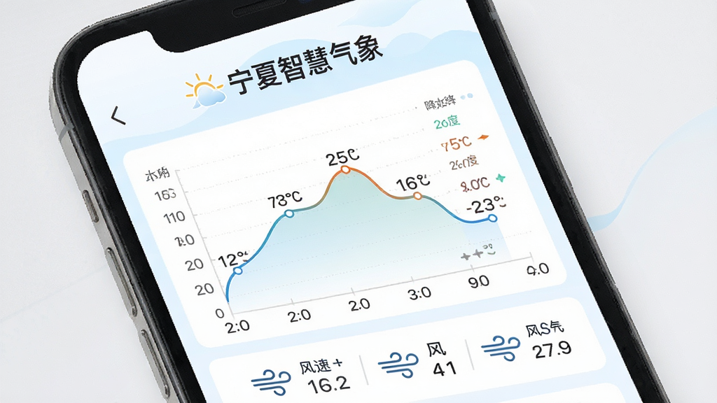 手机界面展示宁夏智慧气象的逐小时预报页面,屏幕上方显示“宁夏智慧气象”标题,中部为曲线图与时间轴,标注温度变化与降水概率,下方为风向风速图标,背景为白色与淡蓝色搭配,界面整洁,文字清晰,画质干净,无多余元素