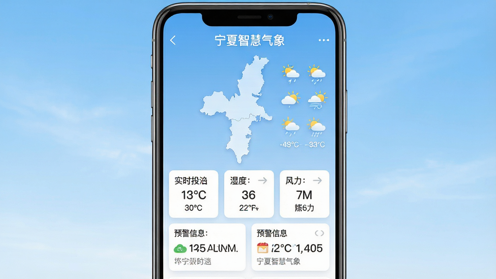 手机屏幕中央展示宁夏智慧气象软件主界面,上方为宁夏地图轮廓与天气图标,下方整齐排列实时温度、湿度、风力、预警信息等卡片式数据模块,背景为浅蓝色渐变天空,画面干净清爽,文字清晰标注“宁夏智慧气象”字样,整体风格现代简约,高画质,无多余元素