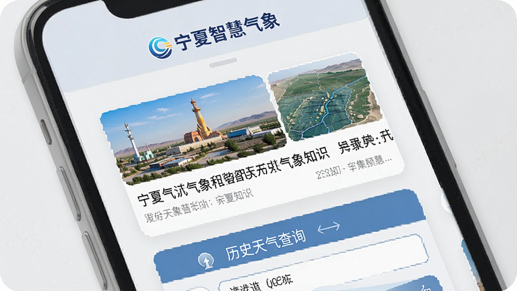 手机界面展示宁夏智慧气象科普专栏页面,屏幕中显示气象知识图文卡片与历史天气查询入口,上方有“宁夏智慧气象”标识,背景为浅灰色与白色搭配,排版清晰,风格简洁,画质干净,无多余元素
