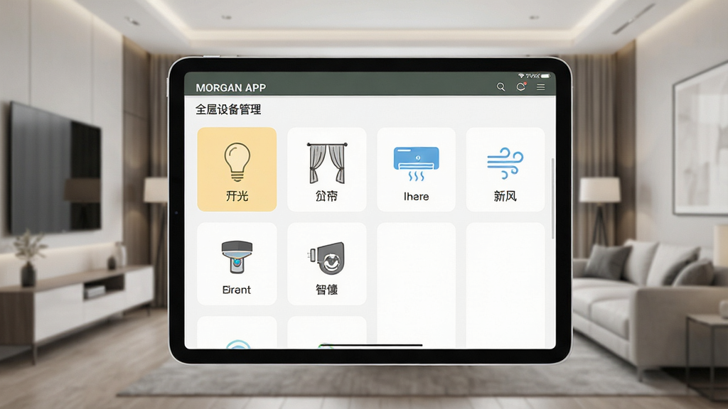 一张摩根智能APP全屋设备管理界面的图片,画面主体是平板电脑屏幕,屏幕中展示摩根智能APP的设备列表页面,有灯光、窗帘、空调、新风、安防等图标,布局整齐,背景是现代化家居环境,风格简洁商务,细节丰富,画质高清,干净,无多余元素
