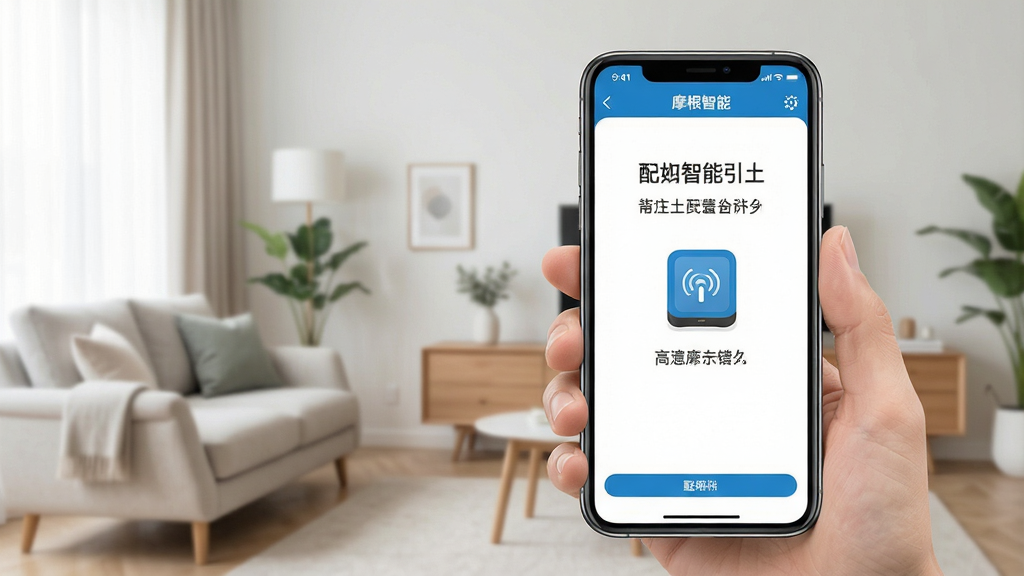 一张展示摩根智能APP新手操作指引的图片,画面中一部手机显示摩根智能APP的配网引导页面,页面中有步骤提示和网关图标,背景是简洁的家居环境,风格清晰易懂,细节丰富,画质高清,干净,无多余元素