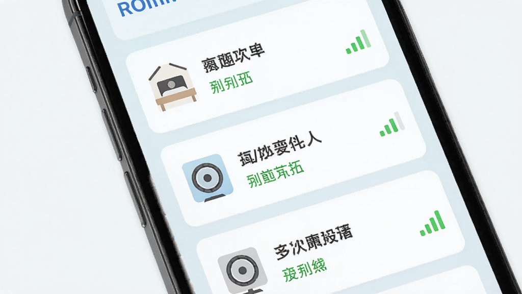 展示一部手机屏幕上有多个设备卡片列表,每个卡片代表不同房间的音响,卡片上有设备名称和在线状态,布局为垂直列表,风格清新浅色,细节有房间图标和信号强度,画质高清,干净无多余元素。