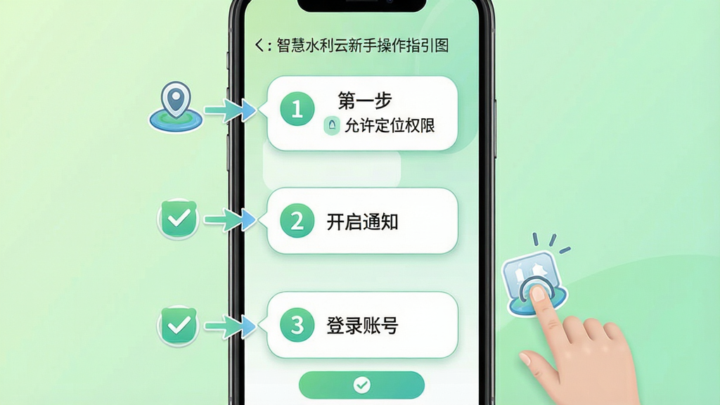 智慧水利云新手操作指引图,画面为手机屏幕竖版截图风格,屏幕上显示分步骤操作提示气泡,第一步标注允许定位权限,第二步标注开启通知,第三步标注登录账号,手机旁边有手指点击图标示意,背景为浅绿色渐变,风格为清新教程风,细节包含步骤数字圆圈、箭头指引、复选框图标,画质高清,画面干净,无多余元素