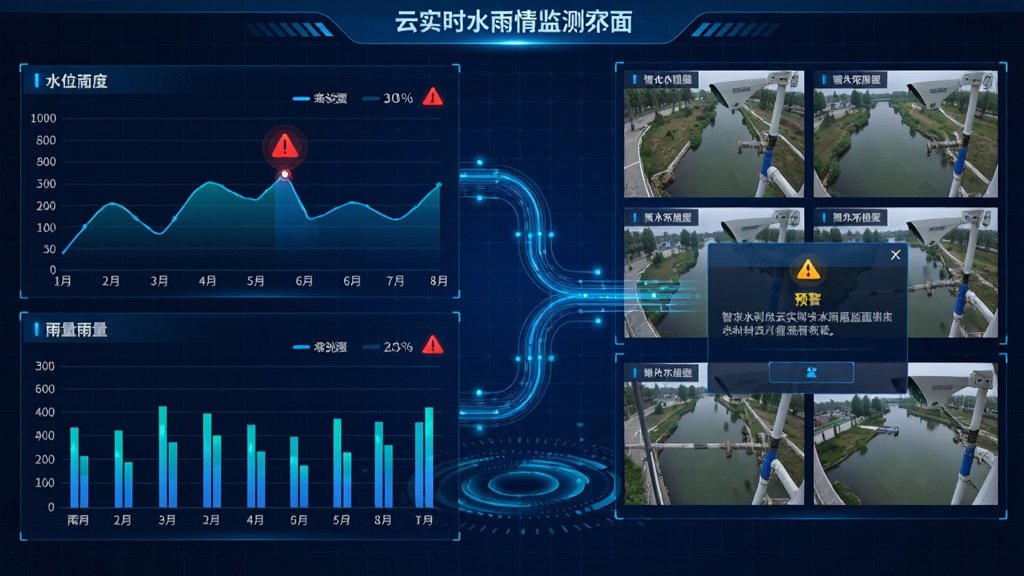 智慧水利云实时水雨情监测界面示意图,画面采用横向构图,左侧为水位折线图与雨量柱状图,右侧为摄像头实时画面缩略图与预警弹窗,中间用蓝色数据流线条连接,背景为深蓝色科技网格,风格为数据可视化大屏风格,细节包含发光数字、动态波纹、红色警示三角图标,画质高清,画面干净,无多余元素