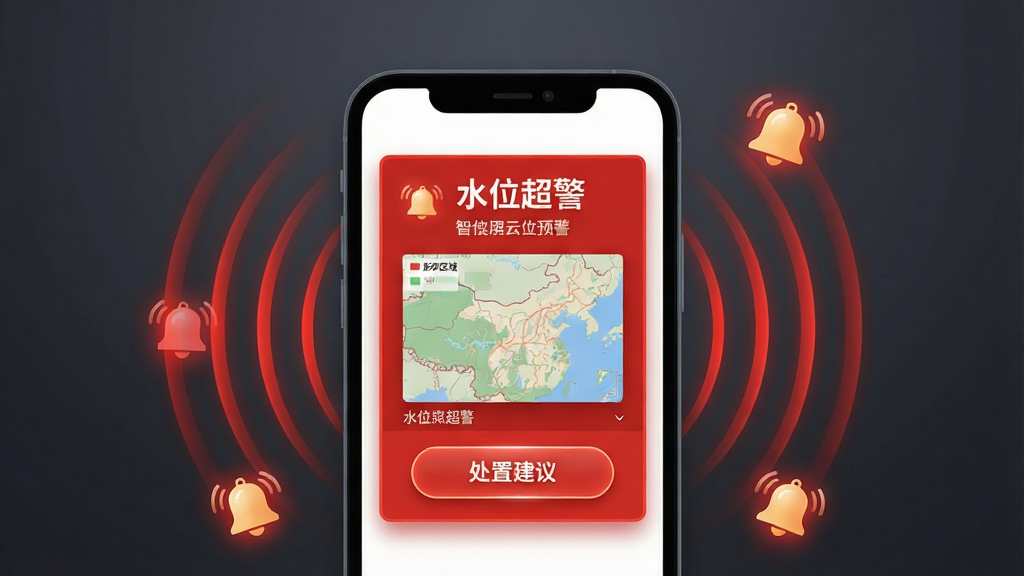 智慧水利云预警信息推送界面图,画面中央为手机屏幕特写,屏幕上显示红色预警卡片,卡片内包含水位超警文字、影响区域地图缩略图、处置建议按钮,手机周围环绕扩散的红色同心圆波纹与铃铛图标,背景为深灰色渐变,风格为扁平化警示风格,细节包含高亮边框、阴影层次、图标发光,画质高清,画面干净,无多余元素