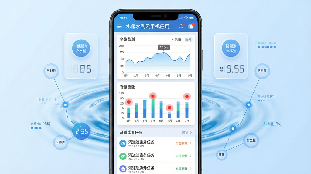 智慧水利云手机应用主界面展示图,画面中央是一部竖屏安卓手机,手机屏幕上显示水利监测仪表盘,包含水位曲线图、雨量柱状图、预警红点标记、河道巡查任务列表,手机两侧环绕蓝色水波纹与数据节点连线,背景为淡蓝色渐变,整体布局简洁对称,风格为扁平化科技风,细节包含半透明卡片、圆形图标、数字跳动效果,画质高清,画面干净,无多余元素