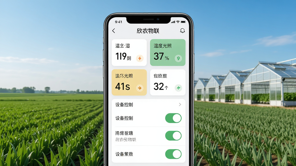 画面中央是一部智能手机,屏幕上显示着“欣农物联”应用界面,界面布局清晰,上方是数据卡片展示温度湿度光照等参数,下方是设备控制开关列表。手机背景是广阔的绿色农田和远处的智能温室大棚,天空湛蓝。整体风格写实清新,细节丰富,画质清晰,干净无多余元素。