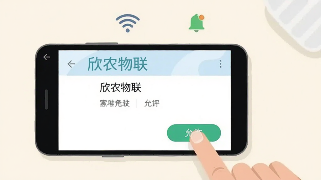 一部安卓手机屏幕显示“欣农物联”的权限设置页面,旁边有一只手正在点击“允许”按钮。背景是干净的浅色桌面,手机上方有简洁的图标示意网络和通知。整体风格扁平化插画,色彩清新,布局居中,细节明确,画质清晰,干净无多余元素。