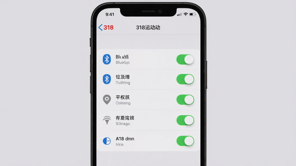 手机展示“318运动”App权限设置页面,蓝牙、定位、存储等权限开关均为开启状态,背景为浅灰色设置界面,主体为手机屏幕,布局居中,排版清晰,风格为写实截图风格,细节包括权限图标和开关状态,画质清晰,干净,无多余元素
