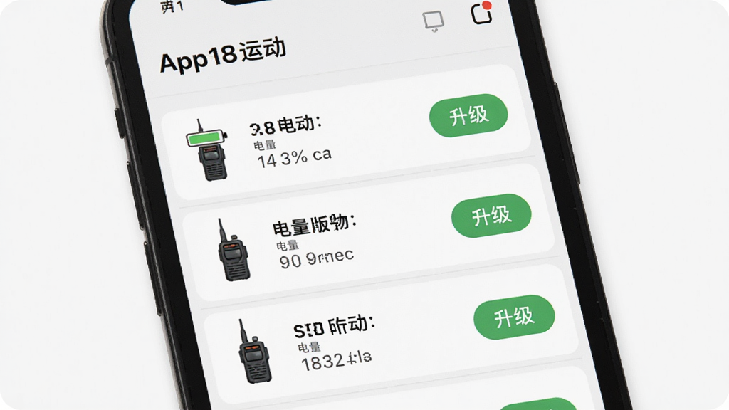 手机屏幕展示“318运动”App设备管理页面,列表中显示已连接的对讲机名称、电量百分比和固件版本号,旁边有升级按钮,背景为浅色界面,主体为手机和设备列表,布局垂直排列,排版简洁,风格为现代UI设计,细节包括电量图标和版本号文字,画质清晰,干净,无多余元素