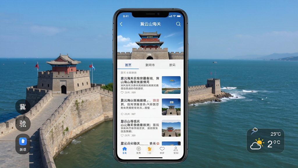 冀云山海关手机应用主界面,画面中央是一部智能手机,屏幕上显示新闻资讯列表和顶部山海关古城楼图标,背景是山海关老龙头与渤海风光,主体清晰,布局居中,排版简洁,风格写实现代,细节包含新闻卡片、导航按钮和天气信息,画质高清,干净,无多余元素