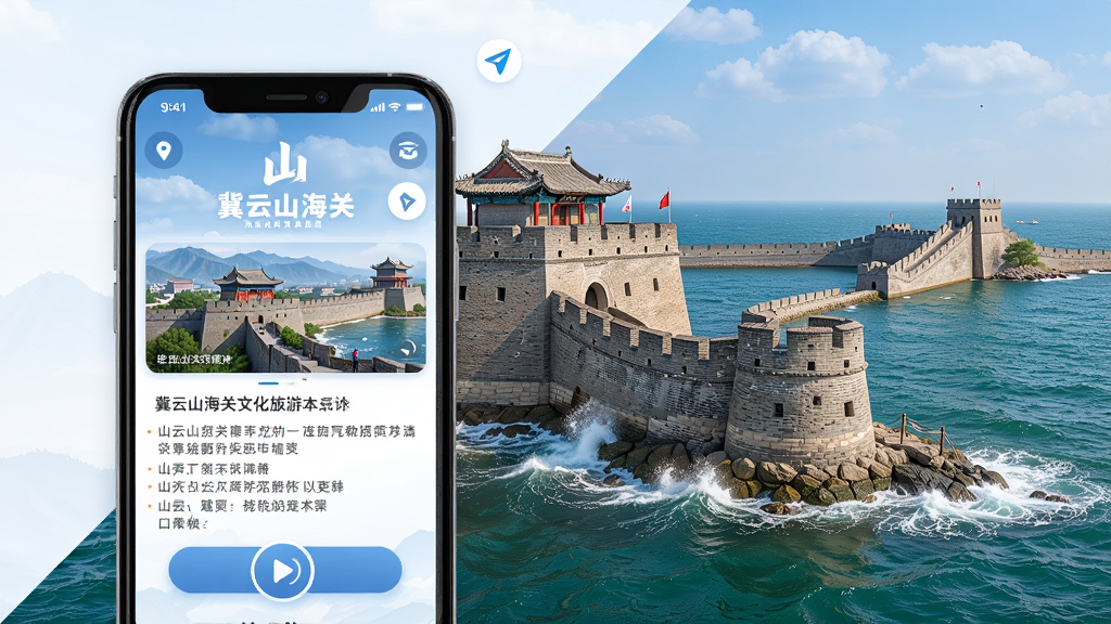 冀云山海关文化旅游页面,画面展示山海关古城与老龙头海上长城,前景是手机屏幕显示景点介绍和视频播放按钮,主体为手机与风景结合,布局对角线构图,排版图文并茂,风格清新大气,细节包含海浪、城墙砖纹与导航图标,画质高清,干净,无多余元素