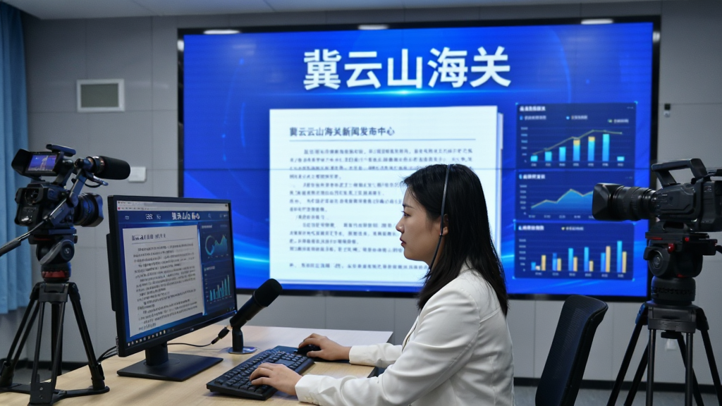 冀云山海关新闻发布界面,画面展示一位编辑在融媒体中心操作电脑,背景大屏显示“冀云山海关”字样和新闻稿件,主体居中,布局左右分栏,排版专业,风格商务科技,细节包含麦克风、摄像机与数据图表,画质清晰,干净,无多余元素