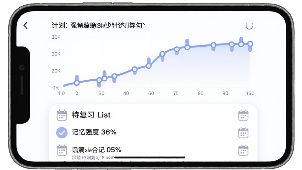 有个计划艾宾浩斯复习计划界面,画面展示手机屏幕内曲线图与复习节点标记,布局为上下结构,上方为曲线走势,下方为待复习列表,风格为柔和圆角设计,细节包含记忆强度百分比与日历图标,画质高清,干净,无多余元素