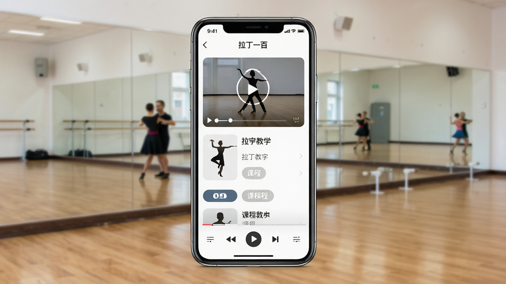 一款名为“拉丁一百”的手机应用界面展示图,主体为手机屏幕中显示拉丁舞教学视频列表和音乐播放界面,布局为居中手机正面展示,背景为舞蹈教室镜面与木地板场景,排版简洁清晰,风格为现代扁平化UI设计,细节包括舞蹈人物剪影图标、播放按钮、课程分类标签,画质高清,画面干净,无多余元素