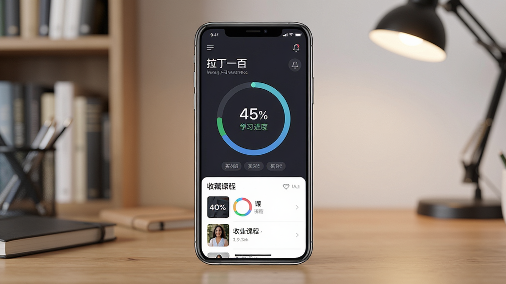 一款名为“拉丁一百”的手机应用学习进度管理界面展示图,主体为手机屏幕中显示学习进度环形图和收藏课程列表,布局为手机正面居中,背景为书房桌面场景,排版为数据图表加列表组合,风格为现代简约的商务UI风格,细节包括进度百分比、课程封面缩略图、筛选标签,画质高清,画面干净,无多余元素