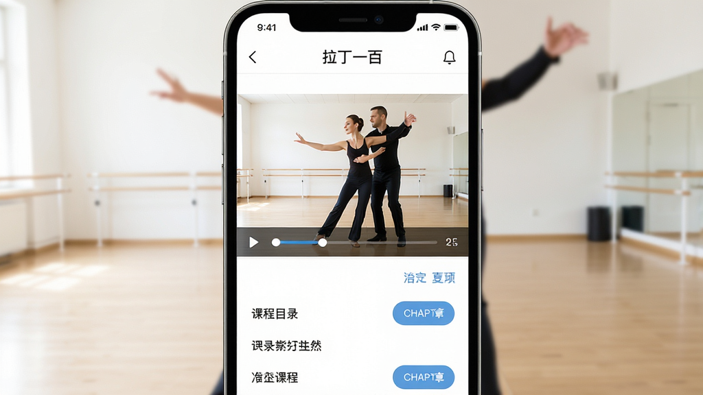 一款名为“拉丁一百”的手机应用教学页面展示图,主体为手机屏幕中显示拉丁舞教师示范动作的视频播放界面,布局为手机正面居中,背景为简洁的舞蹈教室,排版为视频窗口加下方课程目录列表,风格为清爽明亮的在线教育UI风格,细节包括教师动作姿态、进度条、章节按钮,画质高清,画面干净,无多余元素