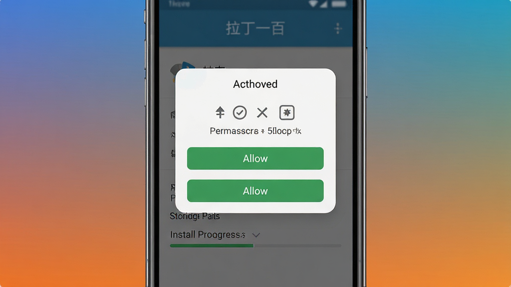 一款名为“拉丁一百”的手机应用安装与权限设置界面展示图,主体为手机屏幕中显示权限授权弹窗和安装进度条,布局为手机正面居中,背景为纯色渐变背景,排版为弹窗加按钮组合,风格为简洁明了的系统UI风格,细节包括权限图标、允许按钮、存储路径选择,画质高清,画面干净,无多余元素