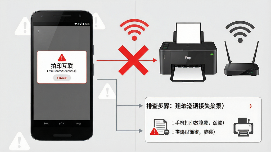 一张展示手机打印故障排查的示意图,画面分为左右两部分,左侧是一部安卓手机显示