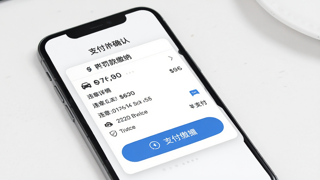 交通违章处理帮手应用内罚款缴纳页面,手机屏幕显示支付确认界面,包含违章详情和支付按钮,背景为白色卡片式设计,风格简洁商务,细节包括金额数字和支付图标,画质清晰,干净,无多余元素