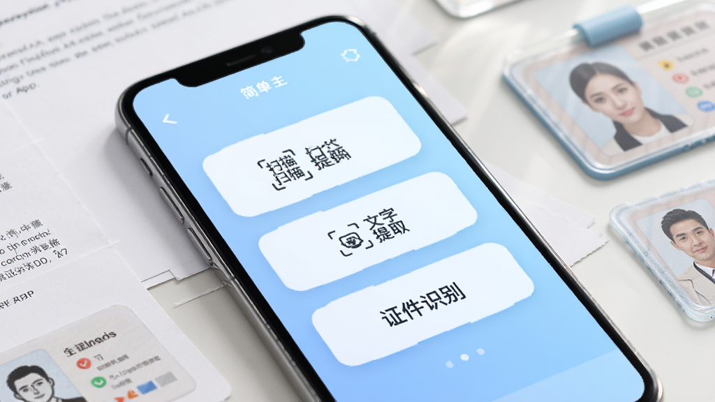 �ֻ���Ļ����չʾ���APP�����棬������ʾɨ�衢������ȡ��֤��ʶ���������ܰ�ť������Ϊǳ��ɫ���䣬�ֻ���Χɢ����ֽ���ĵ�������֤������������ͣ����Ϊ���Ƽ��У�ϸ�����������ʸ��壬�ɾ��޶���Ԫ��