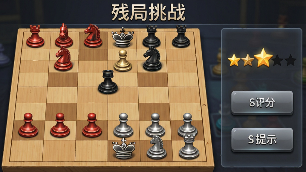 一张展示“象棋棋谱分步详解”残局挑战模式的图片,画面中央是接近终局的棋盘,红方双车一马围攻黑方将帅,棋盘上方有“残局挑战”四个字,棋盘右侧有评分星级与提示按钮,整体布局为棋盘居左、信息面板居右,风格为竞技游戏界面风格,细节上棋子带有金属质感、按钮有立体阴影,画质清晰干净,无多余元素