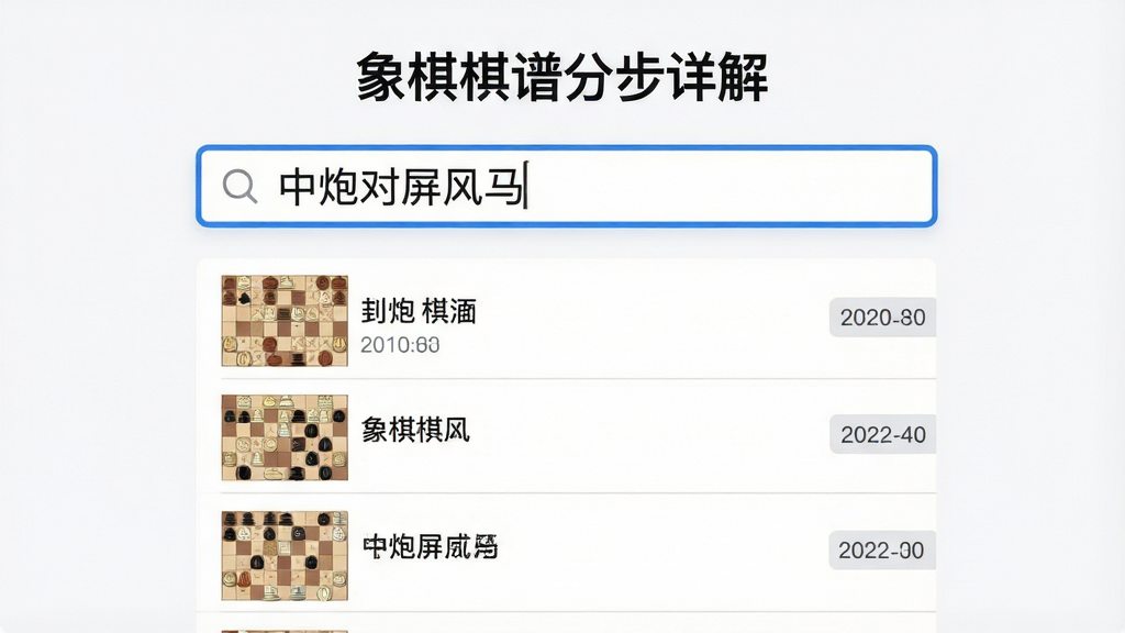 一张展示“象棋棋谱分步详解”智能检索功能的图片,画面中央是一个搜索框,搜索框内显示“中炮对屏风马”文字,搜索框下方展开一排棋谱结果列表,每条结果左侧有棋盘缩略图,右侧有棋手姓名与年份标签,整体布局为上下结构,风格为现代简约UI风格,细节上搜索框有蓝色描边、结果列表带有浅灰分隔线,画质高清干净,无多余元素