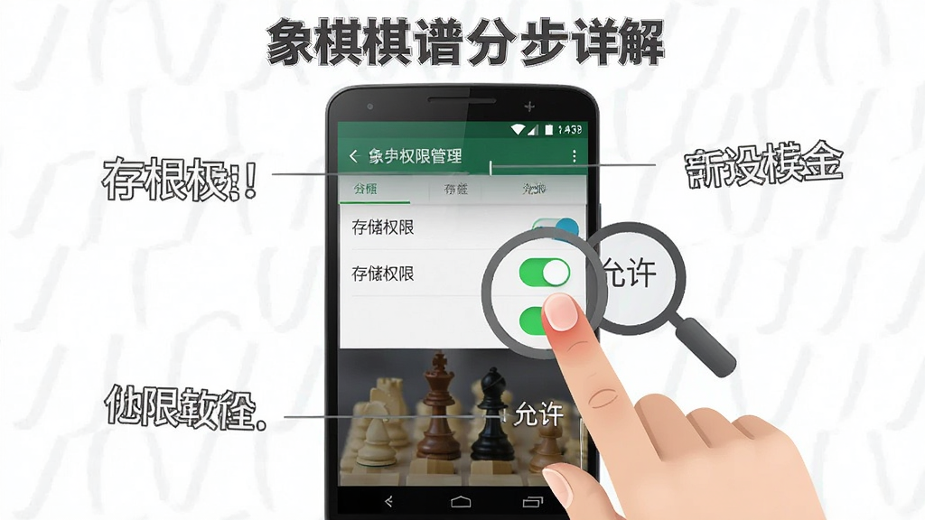 一张展示“象棋棋谱分步详解”手机安装权限设置的图片,画面中央是一部安卓手机,屏幕上显示应用权限管理界面,存储权限开关被手指点击,手机旁边有放大镜图标指向“允许”按钮,整体布局为手机居中、周围有简短文字标注,风格为扁平化教程插图,细节上手指有肤色渐变、开关有绿色高亮,画质清晰干净,无多余元素