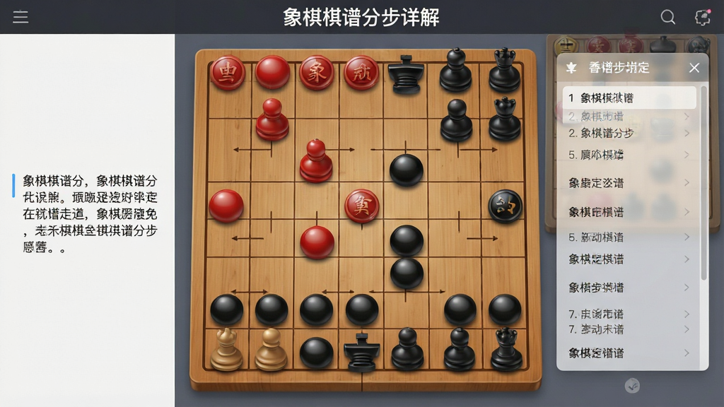 一张展示“象棋棋谱分步详解”软件主界面的图片,画面中央是木质纹理的象棋棋盘,棋盘上摆放着红黑双方棋子,棋子表面有柔和反光,棋盘右侧悬浮半透明的棋谱步骤列表,左侧显示当前走法文字注解,整体布局采用左右分栏排版,风格为写实数字插画与扁平UI结合,细节上棋子圆润光滑、棋盘网格清晰,画质高清干净,无多余元素