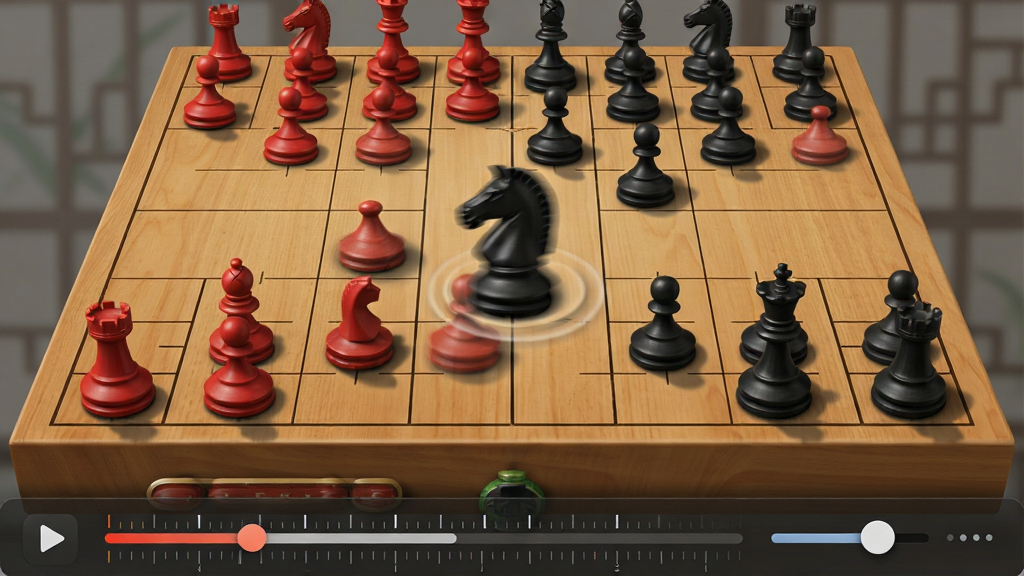 一张展示“象棋棋谱分步详解”动态棋盘演示功能的图片,画面中央是一块大尺寸木质棋盘,棋盘上红黑棋子正在移动,其中一枚黑马棋子带有运动残影效果,棋盘下方有播放进度条和速度调节滑块,整体布局为棋盘居中、控制栏居下,风格为写实与UI混合风格,细节上棋子有阴影、进度条带有刻度,画质清晰干净,无多余元素