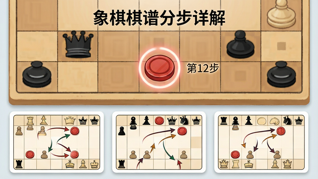 一张展示“象棋棋谱分步详解”分步拆解功能的图片,画面采用俯视视角的棋盘,棋盘上有一枚红色棋子被高亮圈出,旁边显示数字步骤序号“第12步”,棋盘下方排列着三张缩略步骤卡片,卡片上印有棋子走位箭头,整体布局为棋盘居上、步骤卡片居下,风格为清爽教学插图,细节上箭头线条流畅、高亮圈带有柔光,画质干净清晰,无多余元素