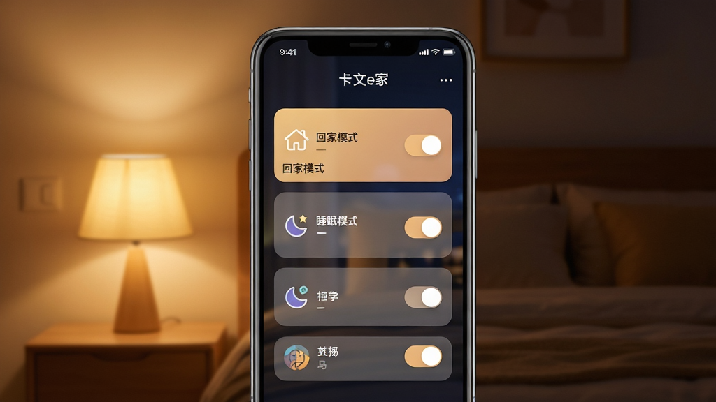 手机屏幕展示“卡文e家”场景编辑界面,界面中有“回家模式”“睡眠模式”等卡片,每张卡片带有小图标和开关,背景是夜晚卧室环境,床头灯亮着暖光,布局为手机竖屏居中,风格为温馨科技感,细节包括界面按钮高亮、文字清晰、背景虚化柔和,画质高清、干净无多余元素