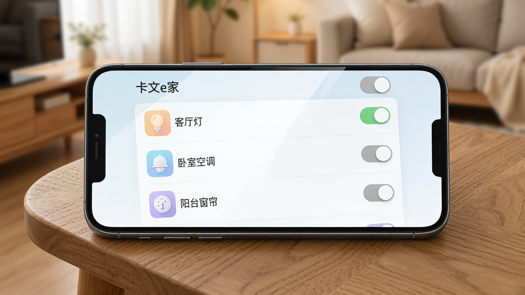 一部手机平放在木质桌面上,屏幕显示“卡文e家”设备管理列表,列表中有客厅灯、卧室空调、阳台窗帘等条目,每条右侧有开关按钮,背景是温馨的家居环境,布局为手机居中俯拍,风格为清新写实,细节包括屏幕反光、桌面纹理、图标色彩柔和,画质高清、干净无多余元素