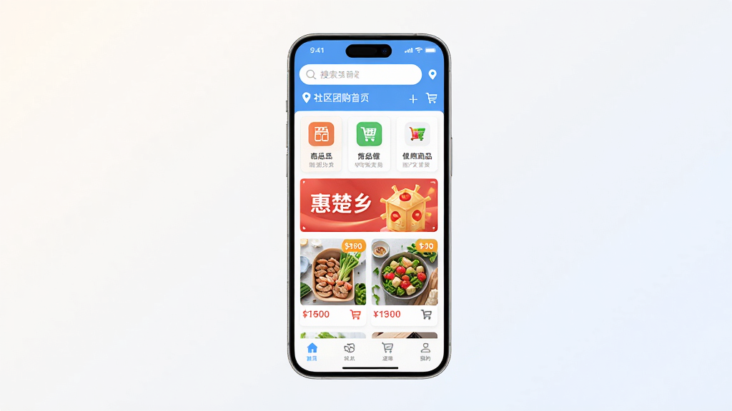 惠楚乡手机应用界面整体展示,主体为一部竖屏智能手机,屏幕中呈现社区团购首页布局,顶部搜索栏与定位信息,中部商品分类图标与促销横幅,底部导航栏清晰可见,背景为干净浅色渐变,风格现代简约,细节包括商品缩略图、价格标签与购物车图标,画面干净无多余元素,高清画质