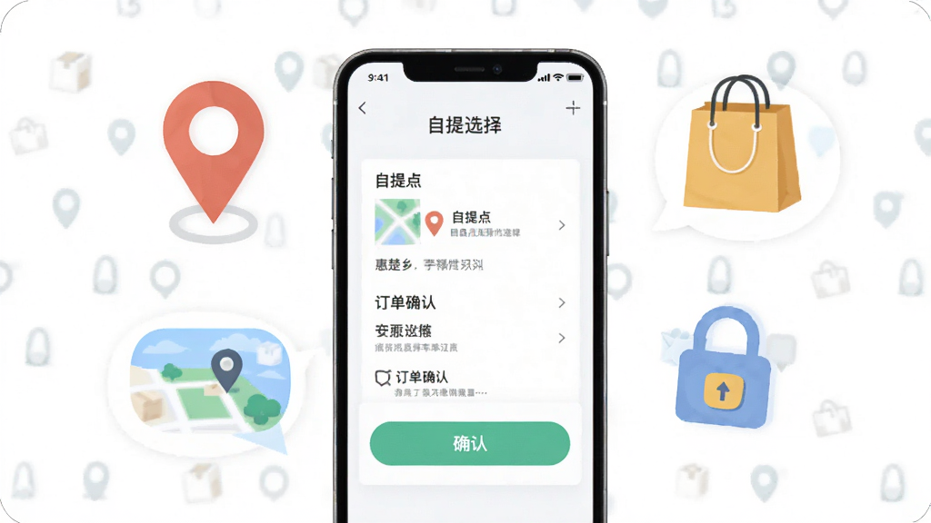 惠楚乡新手操作指引场景,主体为手机屏幕显示自提点选择与订单确认页面,布局为手机居中,周围环绕定位图标、购物袋与提示气泡,风格扁平化插画,细节包括地图标记、确认按钮与安全锁图标,画面干净简洁,高清画质