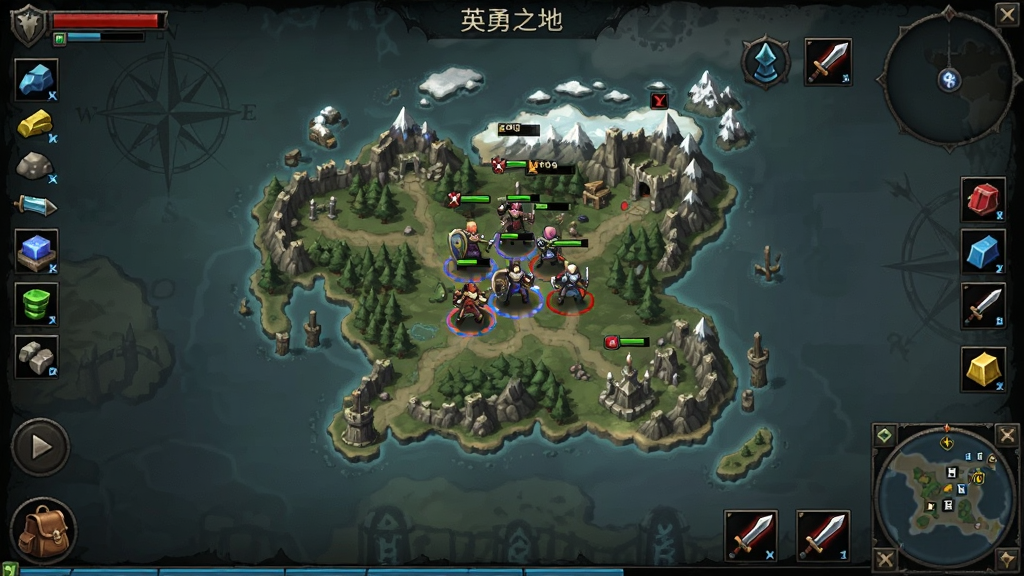 英勇之地游戏主界面截图,画面中央展示奇幻大陆地图与多名角色对战场景,四周分布资源采集点与武器图标,整体色调偏暗黑魔幻风格,UI布局清晰,包含血量、背包、小地图等元素,画质高清,干净无多余杂质