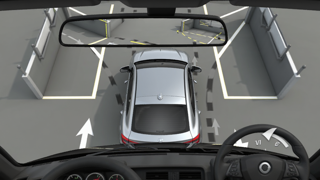 一张模拟真车驾驶课中科目二倒车入库项目的特写图片,主体为虚拟教练车与库位标线,布局采用俯视视角展示车辆轨迹,排版上突出车身与边线的距离,风格为写实3D,细节包括后视镜中的库角、地面指示箭头、方向盘转向角度显示,画质清晰,干净,无多余元素。