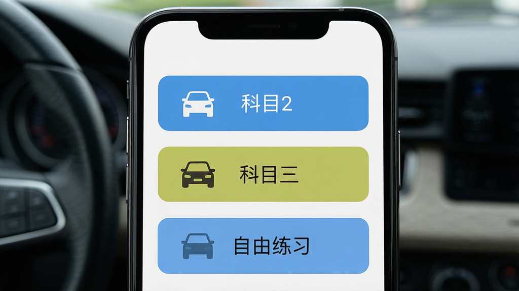 一张展示模拟真车驾驶课无广告纯净界面的图片,主体为手机屏幕中简洁的训练选择菜单,布局为居中列表式,排版上突出无弹窗、无横幅的干净画面,风格为扁平化UI设计,细节包括科目二、科目三、自由练习等按钮图标,画质清晰,干净,无多余元素。
